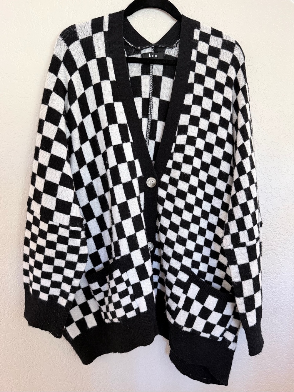Lala Oversized Checkerboard Cardigan, Black and White, Size L/XL